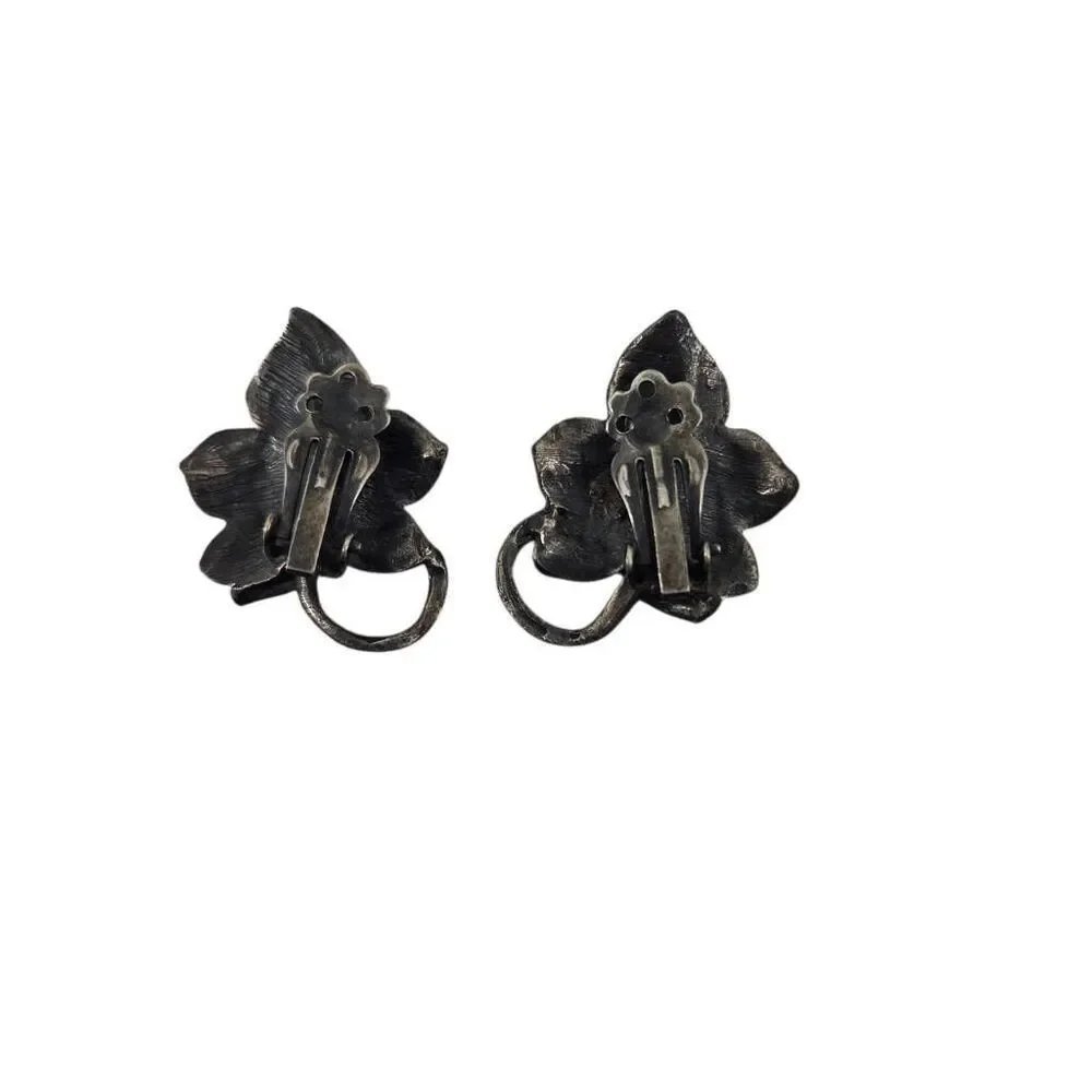 Vintage Silver Tone Leaf Clip-On Earrings | Sculptural Vine | 1.54